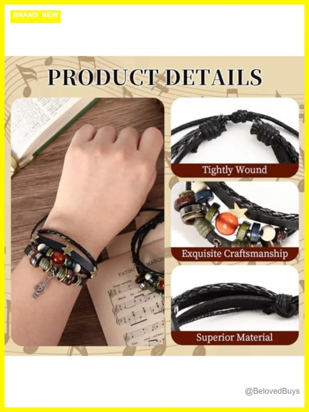 Punk Leather Music Bracelet Adjustable Cuff Wrap for Women Men